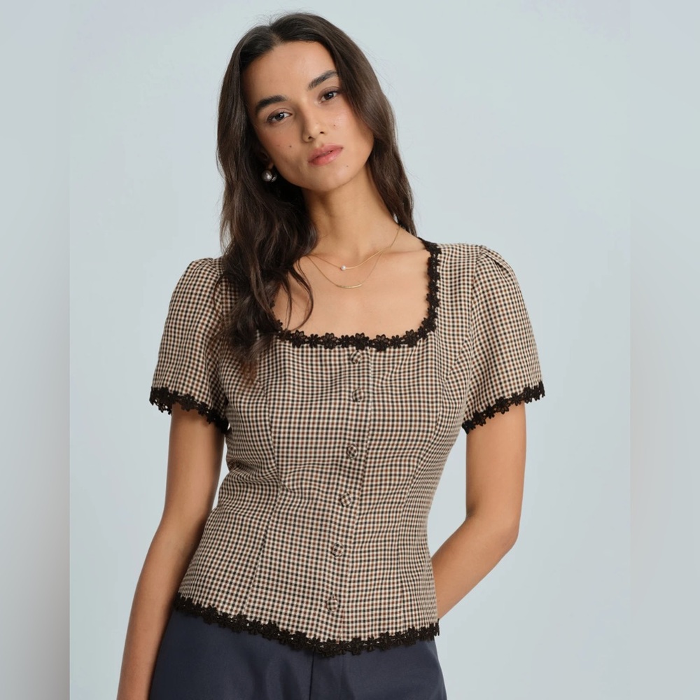 Coffee Square Neck Plaid Blouse - Picture 4 of 9